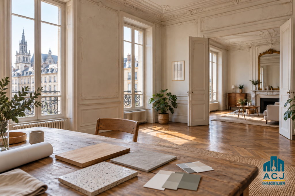 Appartement ancien lumineux à Nancy présentant des échantillons de matériaux avant une vente immobilière.